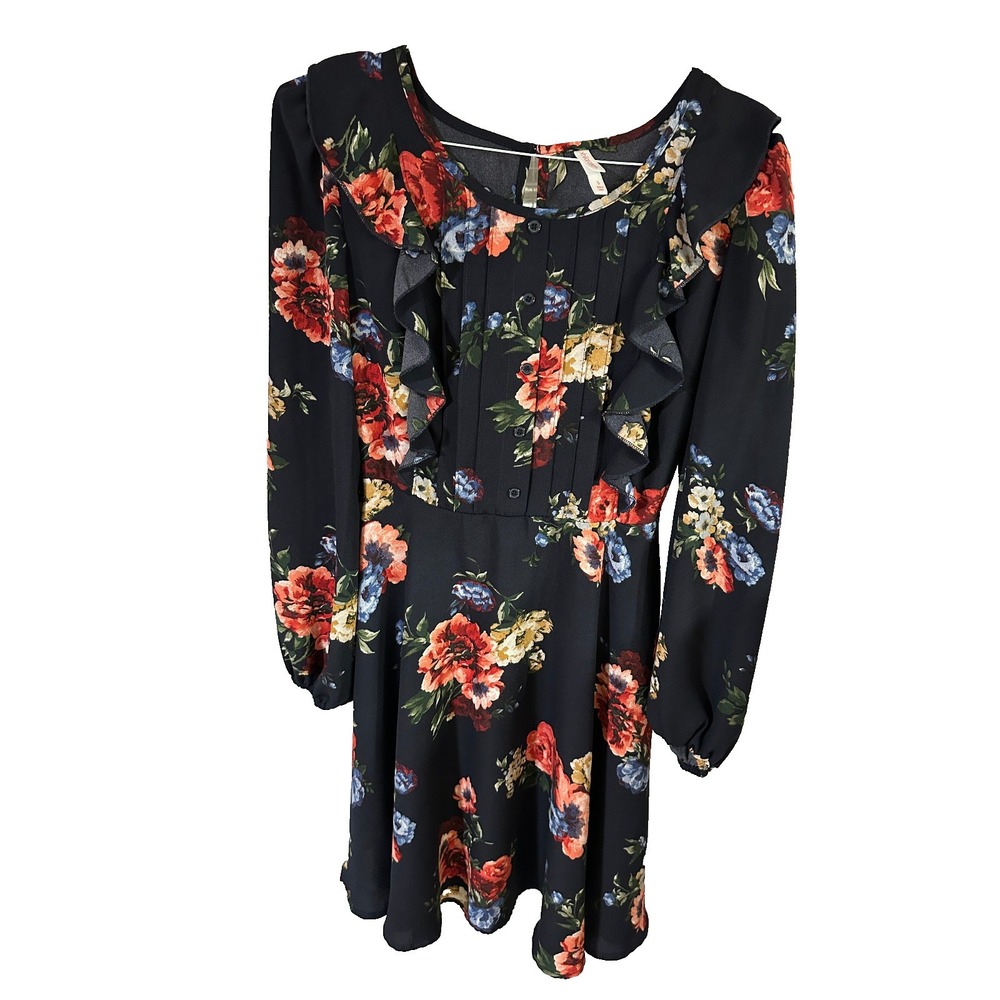 Xhilaration Womens Floral Ruffle Mini Dress Navy Blue Long Sleeve Size S Boho
